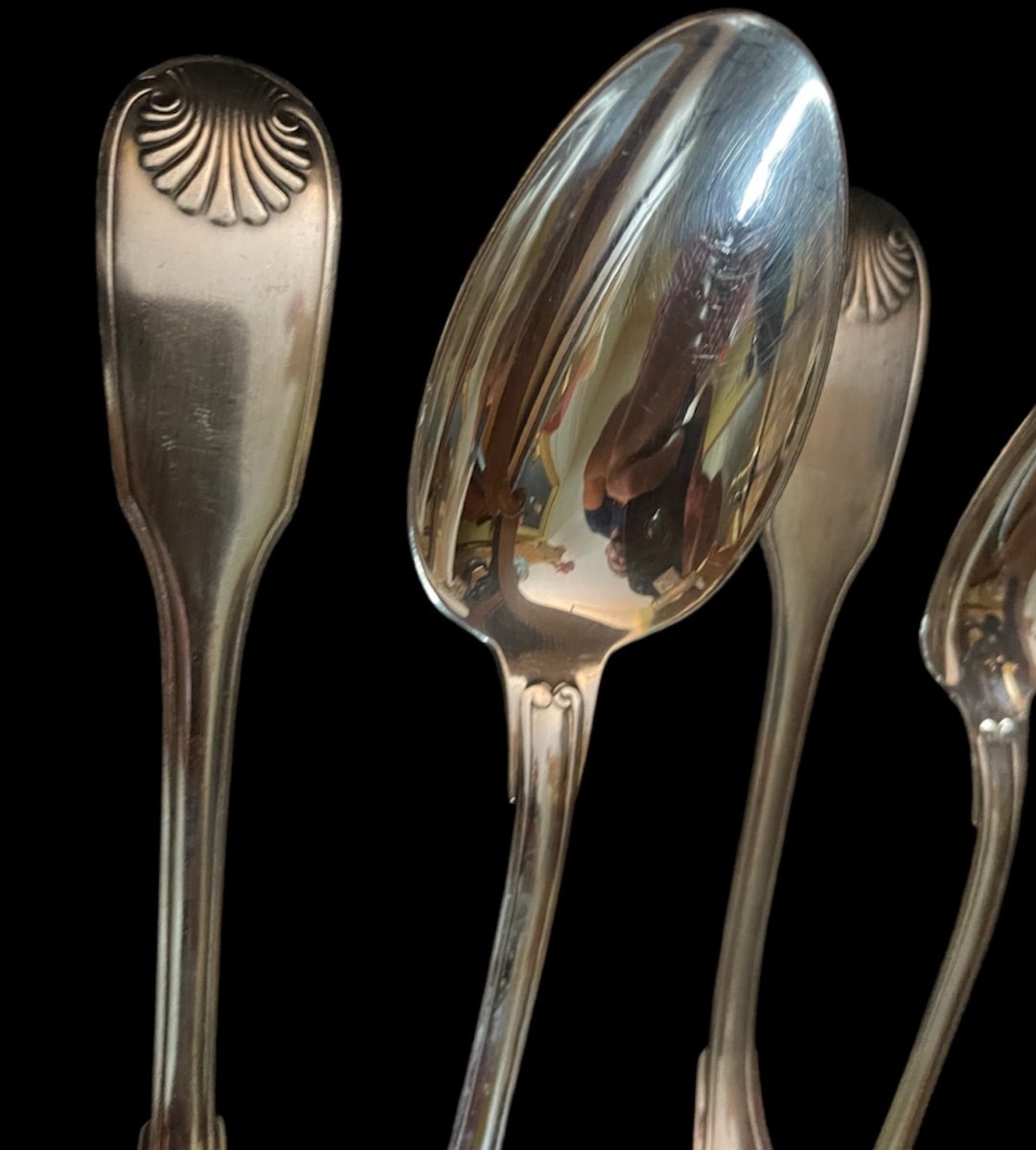 12 Christofle Spoons And Ladle In Silver-plated Metal Vendôme Model Shell Silverware Louis XV-photo-5