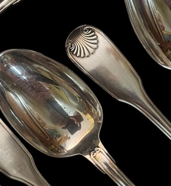 12 Christofle Spoons And Ladle In Silver-plated Metal Vendôme Model Shell Silverware Louis XV-photo-8