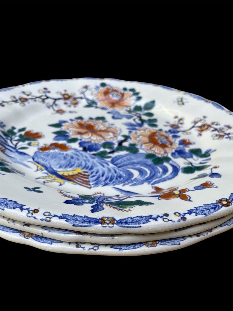 ASSIETTES ET COMPOTIER EN FAÏENCE DE GIEN  MODELE DELFT  COQ ET PIVOINES FAÏENCE  XXe-photo-3