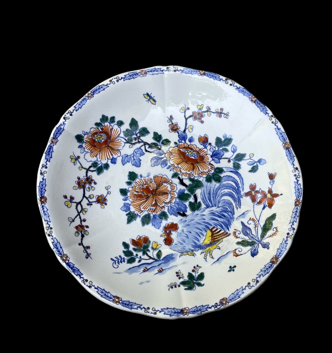 ASSIETTES ET COMPOTIER EN FAÏENCE DE GIEN  MODELE DELFT  COQ ET PIVOINES FAÏENCE  XXe-photo-6