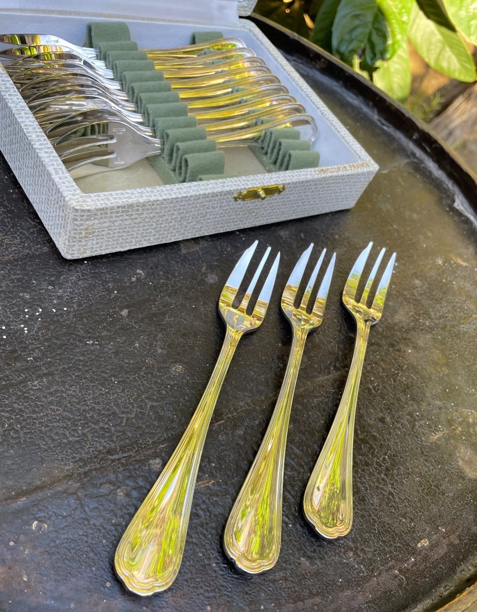 12 Christofle Cake Forks Spatours Model In Silver Metal Silverware Double Threads  -photo-2