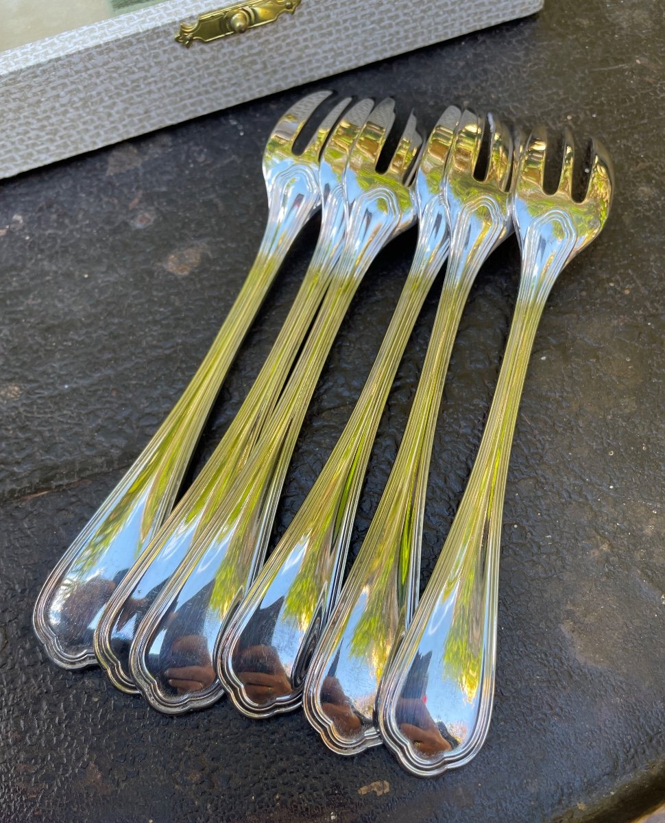 12 Christofle Cake Forks Spatours Model In Silver Metal Silverware Double Threads  -photo-3