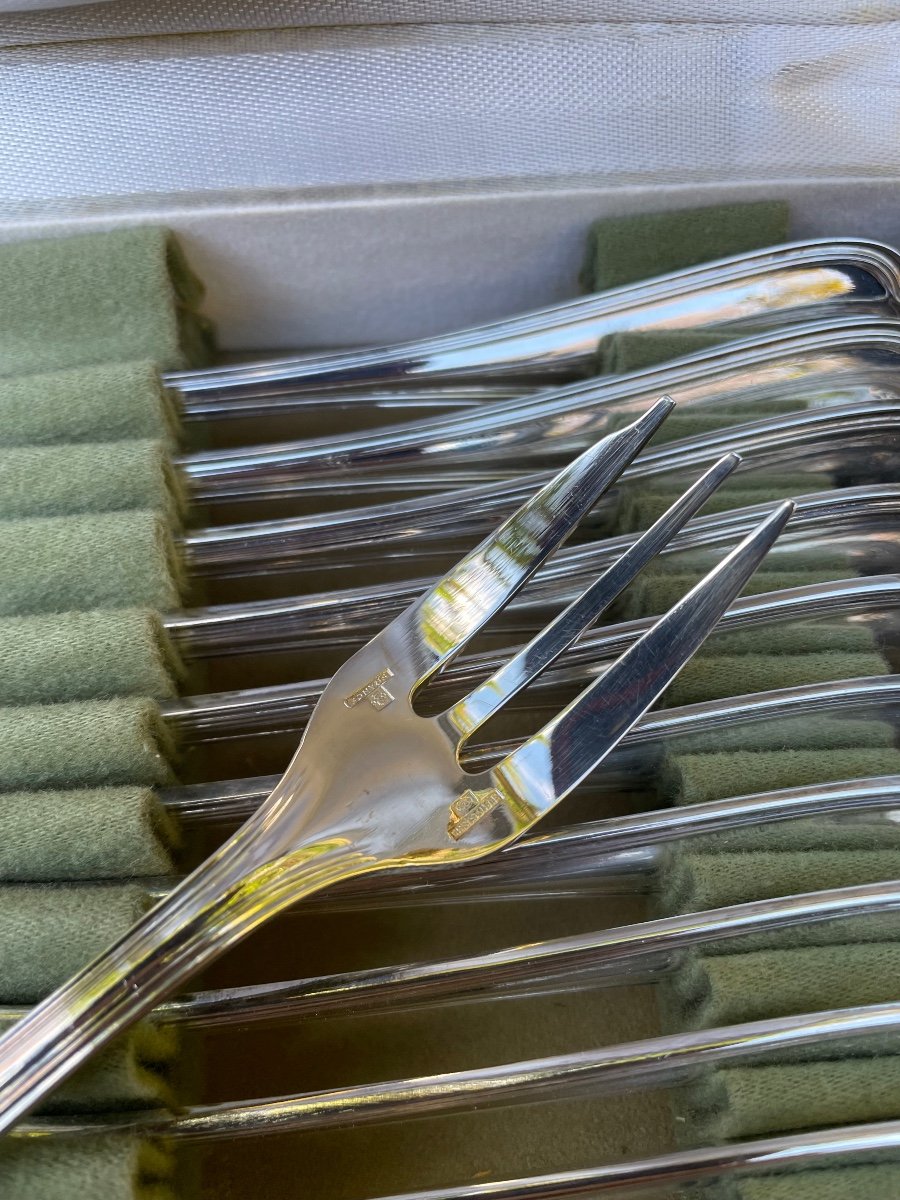 12 Christofle Cake Forks Spatours Model In Silver Metal Silverware Double Threads  -photo-4