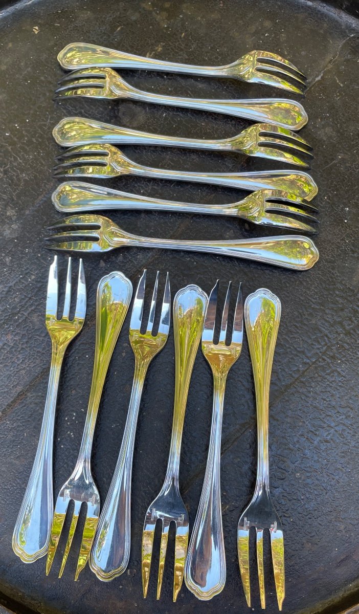 12 Christofle Cake Forks Spatours Model In Silver Metal Silverware Double Threads  -photo-2