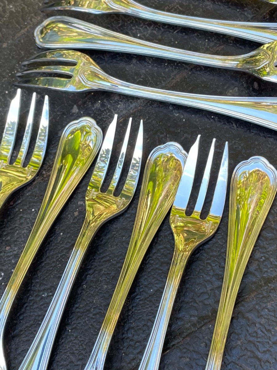 12 Christofle Cake Forks Spatours Model In Silver Metal Silverware Double Threads  -photo-3