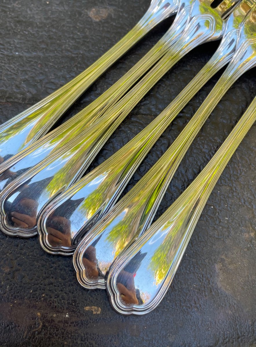 12 Christofle Cake Forks Spatours Model In Silver Metal Silverware Double Threads  -photo-4