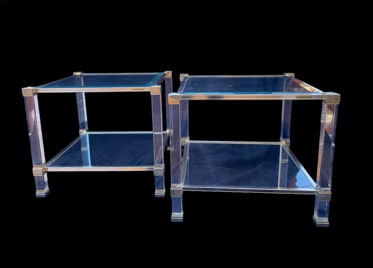 Pair Of Pierre Vandel Sofa Side Tables In Glass And Gilt Brass Design Coffee Table 1980