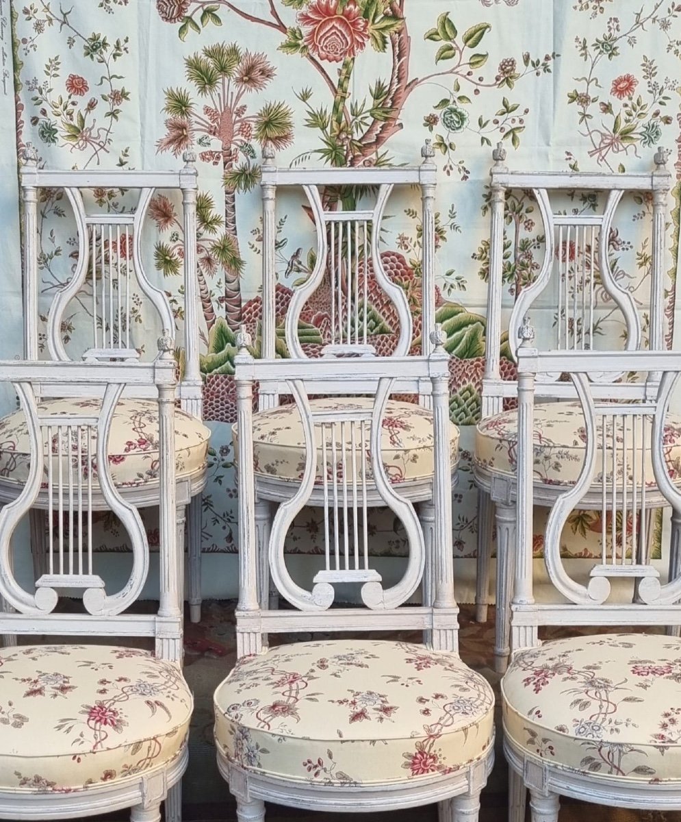 SÉRIE DE 6 CHAISES À DOSSIER FORME LYRE STYLE LOUIS XVI VERS 1900  TISSUS BRAQUENIÉ LONGUEVILLE-photo-7