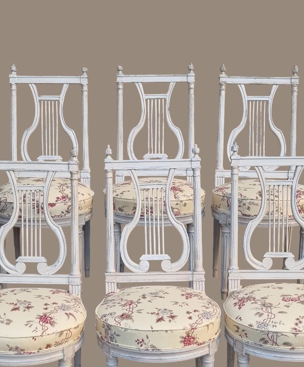 SÉRIE DE 6 CHAISES À DOSSIER FORME LYRE STYLE LOUIS XVI VERS 1900  TISSUS BRAQUENIÉ LONGUEVILLE-photo-8