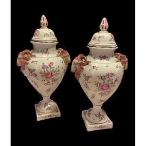 Pair Of Covered Vases With Ibex Heads Samson Paris Porcelain 