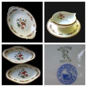 ENSEMBLE DE 4 PIECES EN  PORCELAINE DE LIMOGES RAYNAUD VIEUX CHINE  PLAT SAUCIERE RAVIER