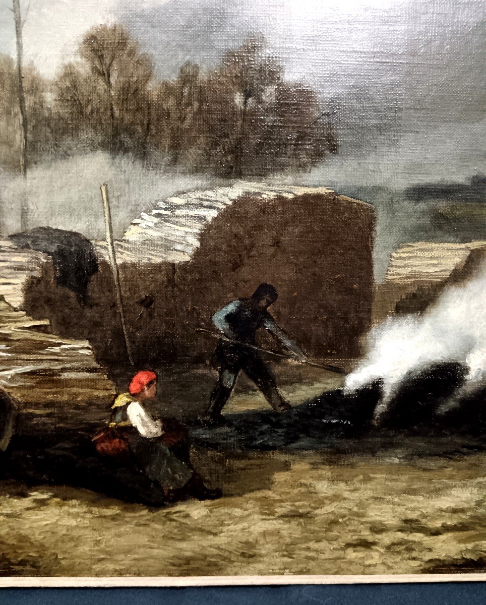 Oil On Canvas "the Charcoal Burners" By Jean-baptiste Georges Gassies -photo-3