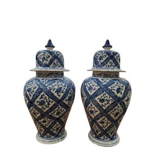 Delft. Pair Of Covered Pots.