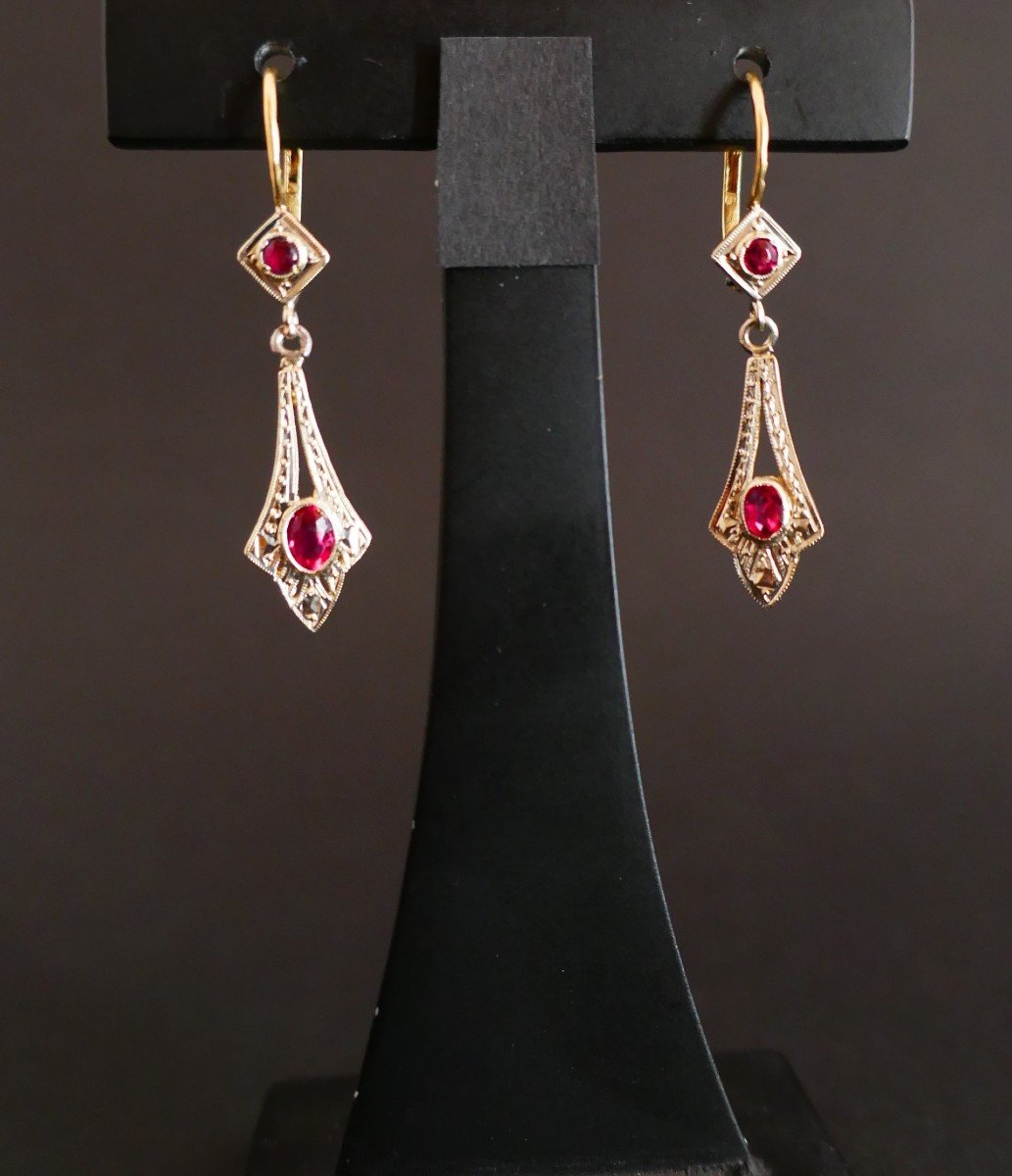 Boucles d'Oreilles Dormeuses anciennes en Or 2 Tons Et rhodolites.-photo-4