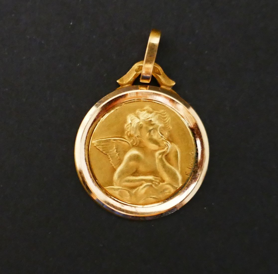 E Dropsy Signed, Art Deco Medal, Angel, 18k Gold.-photo-3