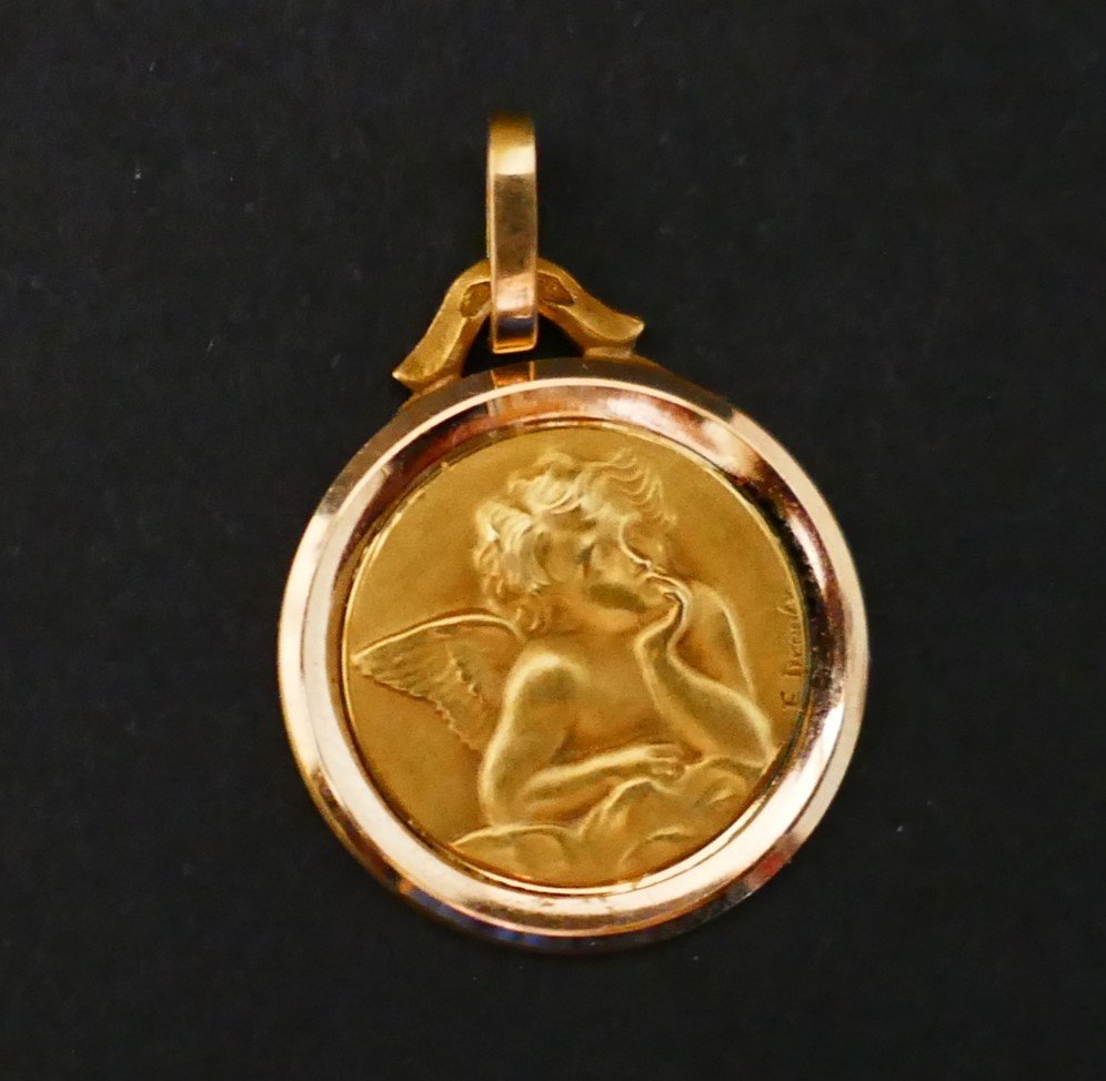 E Dropsy Signed, Art Deco Medal, Angel, 18k Gold.-photo-4