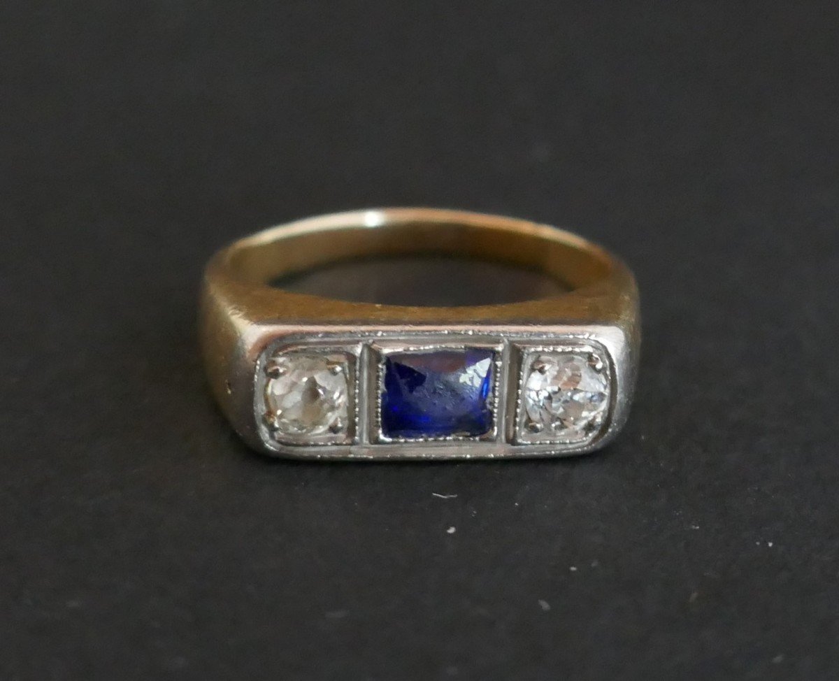 Bague pierre bleue Et Diamants, Or 2 tons 18 Carats.-photo-4