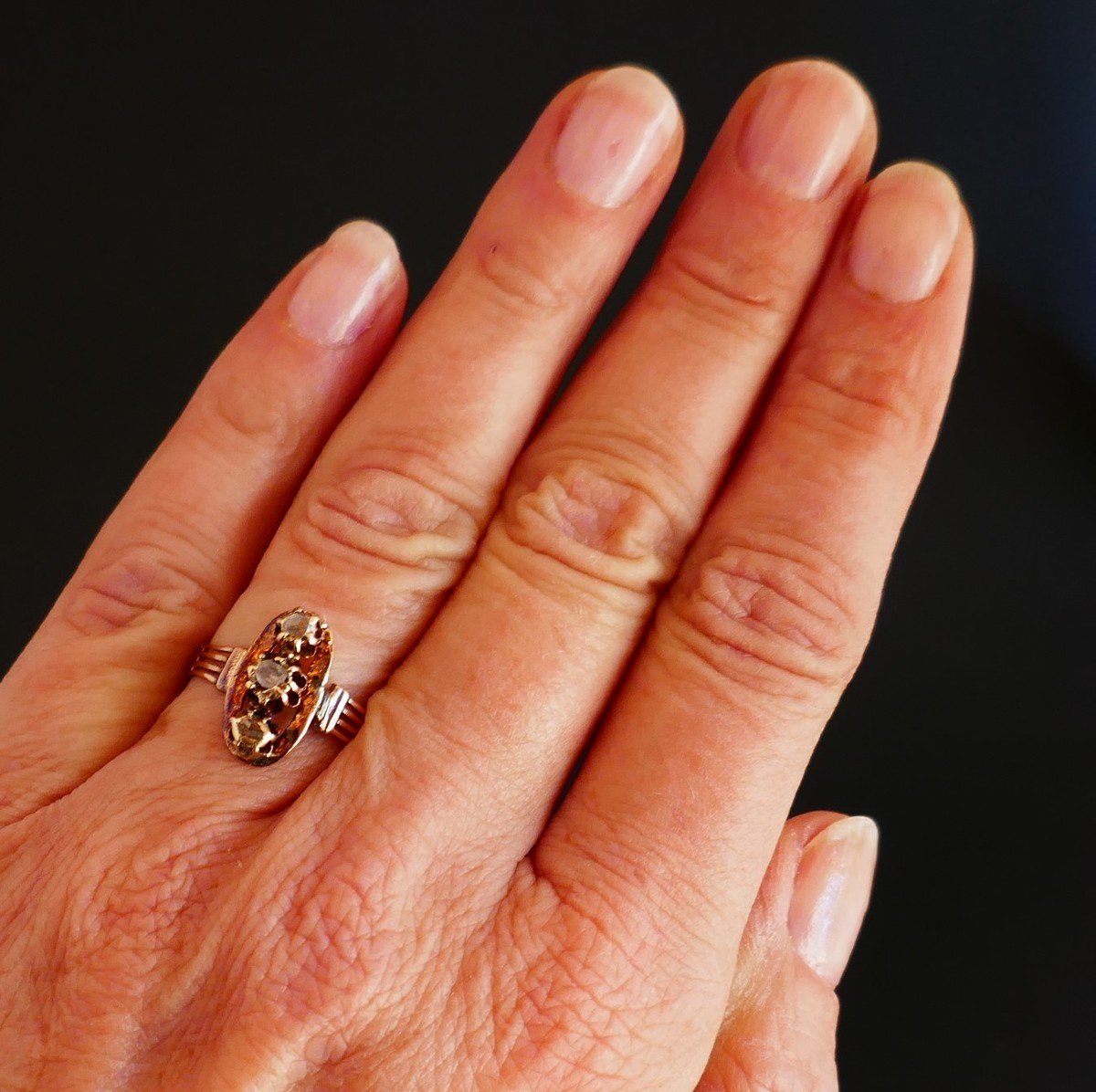Old Ring Set With 3 Rose Cut Diamonds, Horse Head Hallmark, 18 Carat Rose Gold.-photo-2