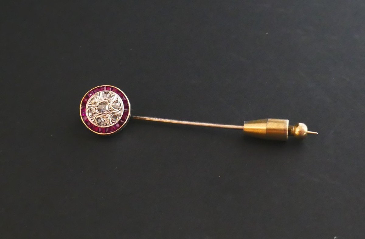 Art Deco Tie Pin, Calibrated Diamonds And Rubies-photo-2