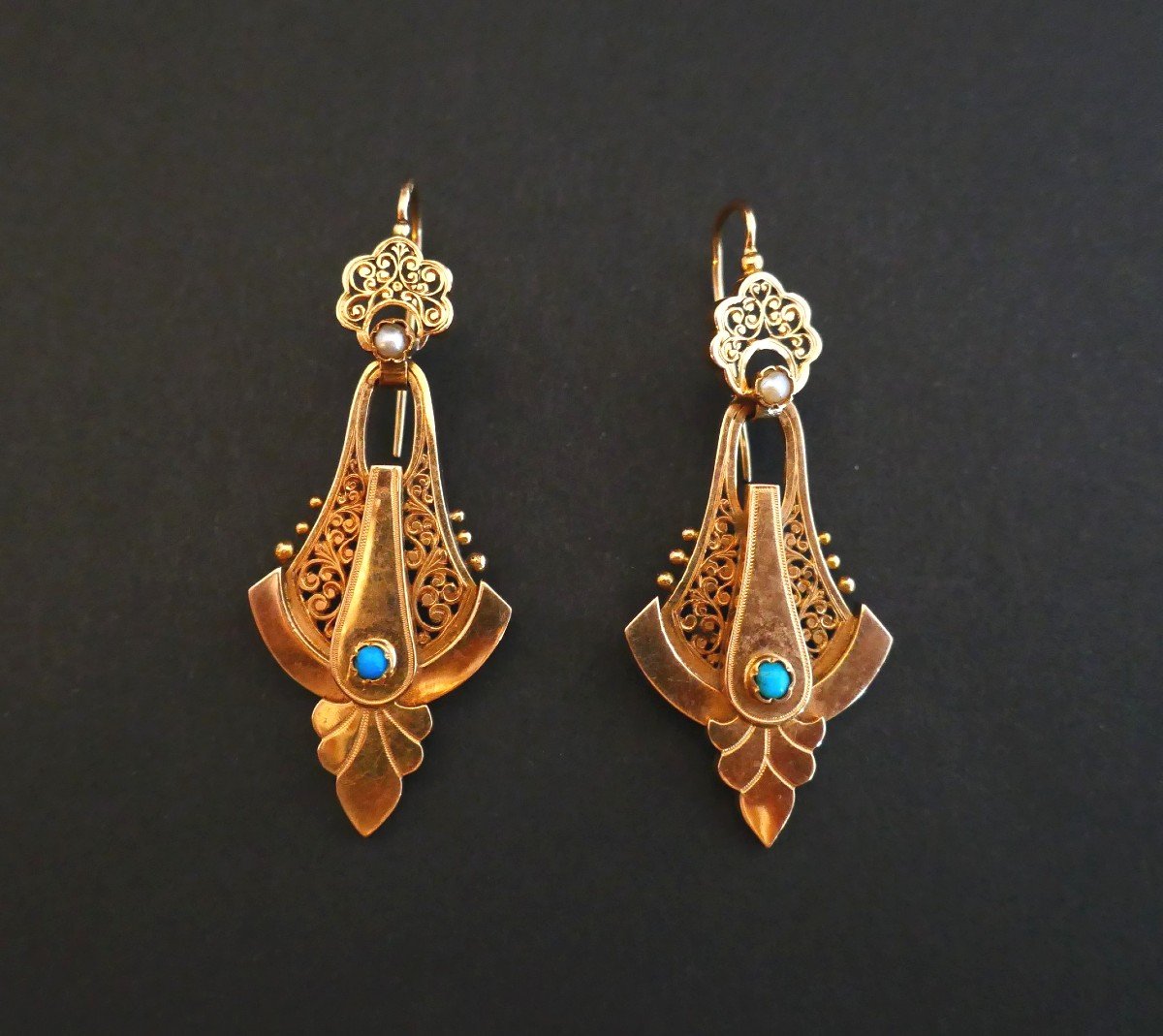 Napoleon III Earrings In Rose Gold, Pearls And Turquoises.