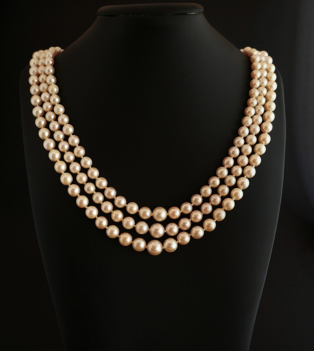 3 Row Cultured Pearl Necklace, Pearl Clasp.