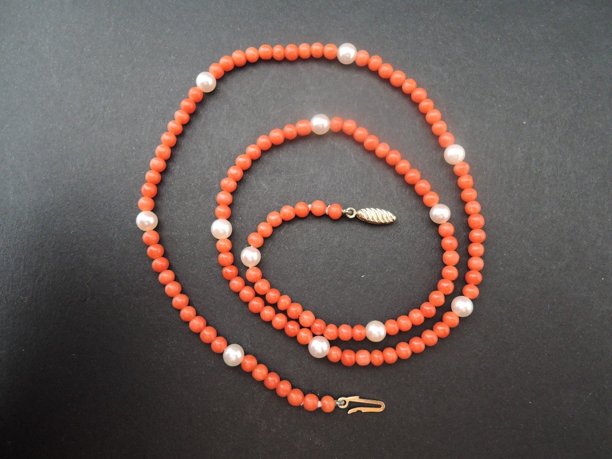 Collier Corail Et Perles, Fermoir Or 18 Carats.-photo-4