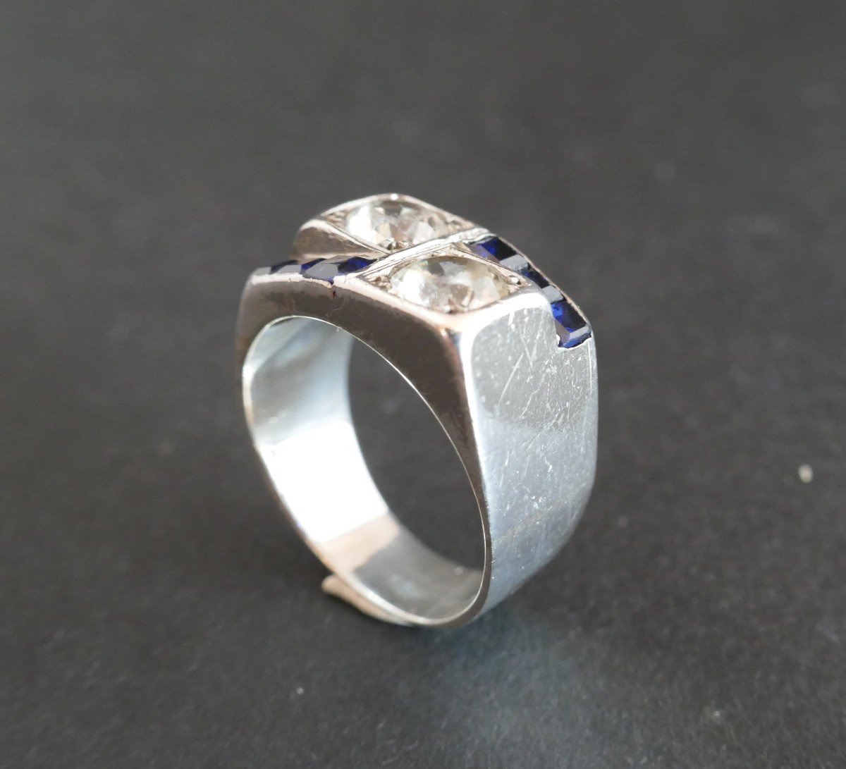 René Boivin Signet Ring In Silver, Blue Stones And White Stones.-photo-2