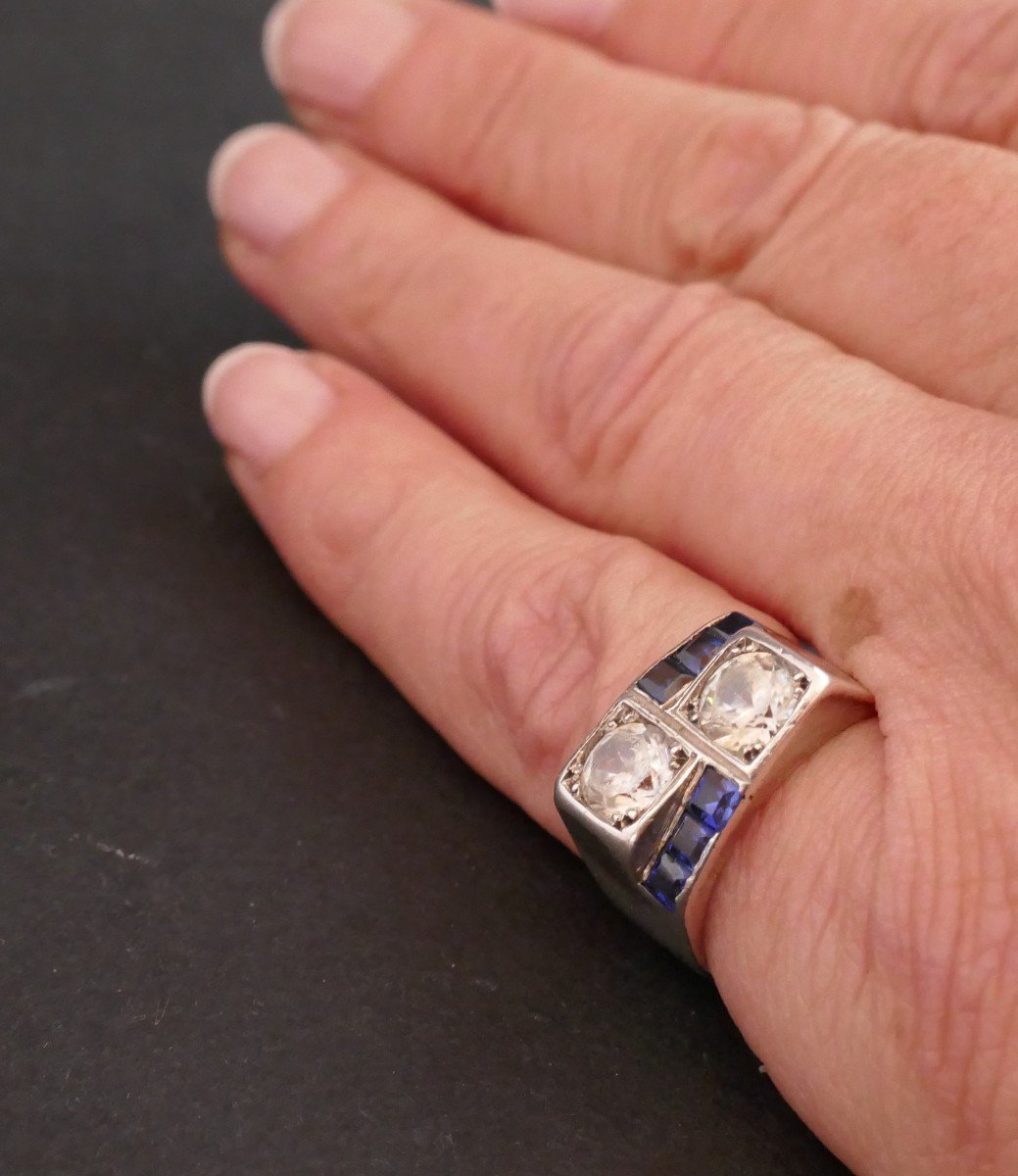 René Boivin Signet Ring In Silver, Blue Stones And White Stones.-photo-3