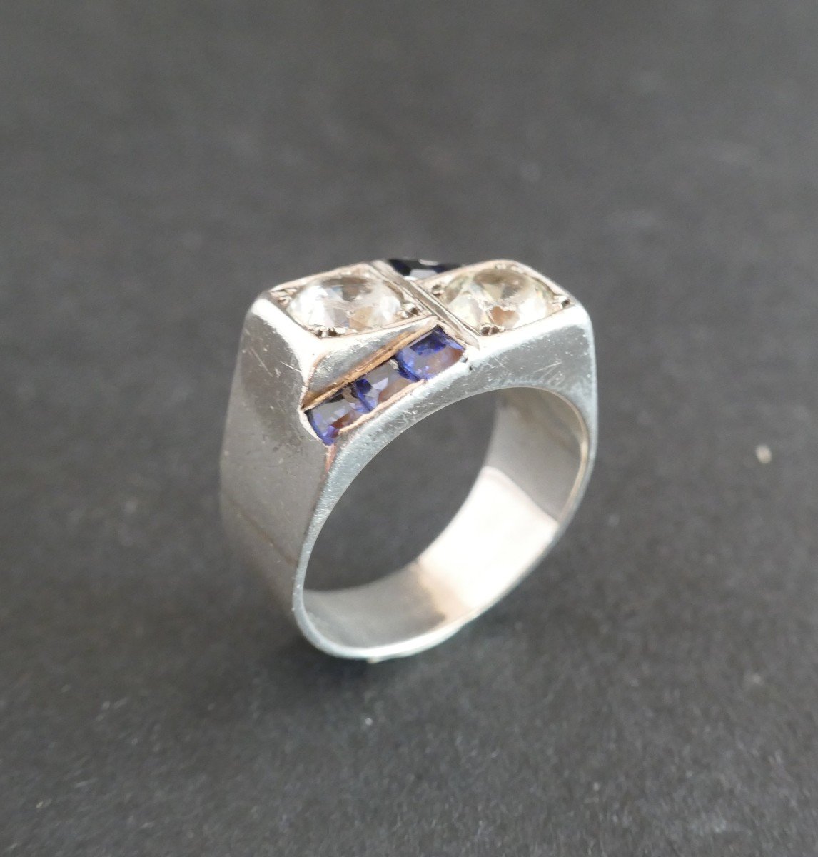 René Boivin Signet Ring In Silver, Blue Stones And White Stones.-photo-4