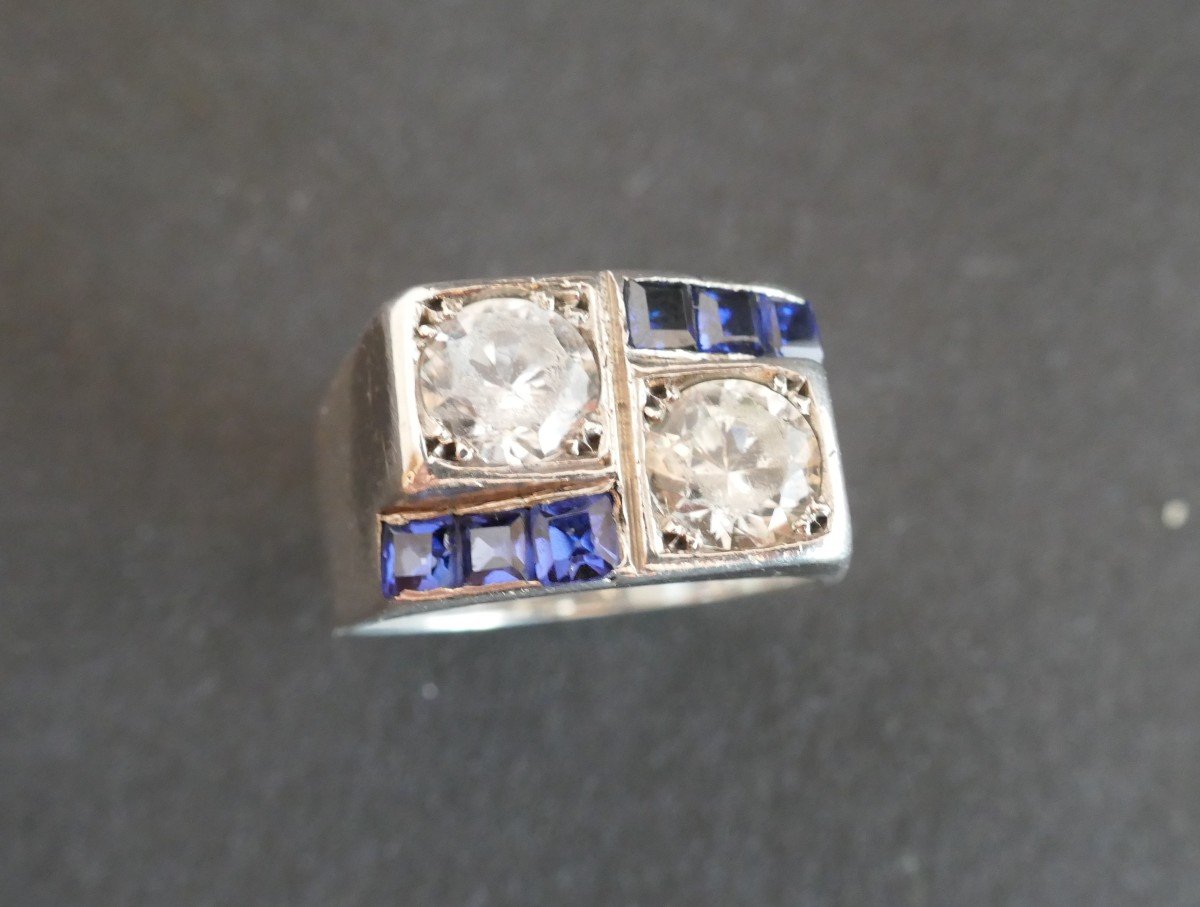 René Boivin Signet Ring In Silver, Blue Stones And White Stones.