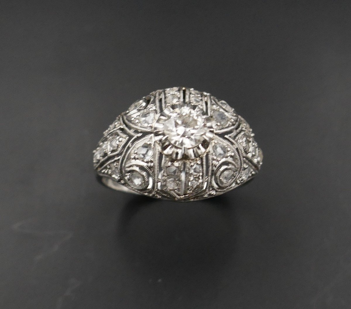 Art Deco Dome Ring In Platinum And Diamonds.-photo-3