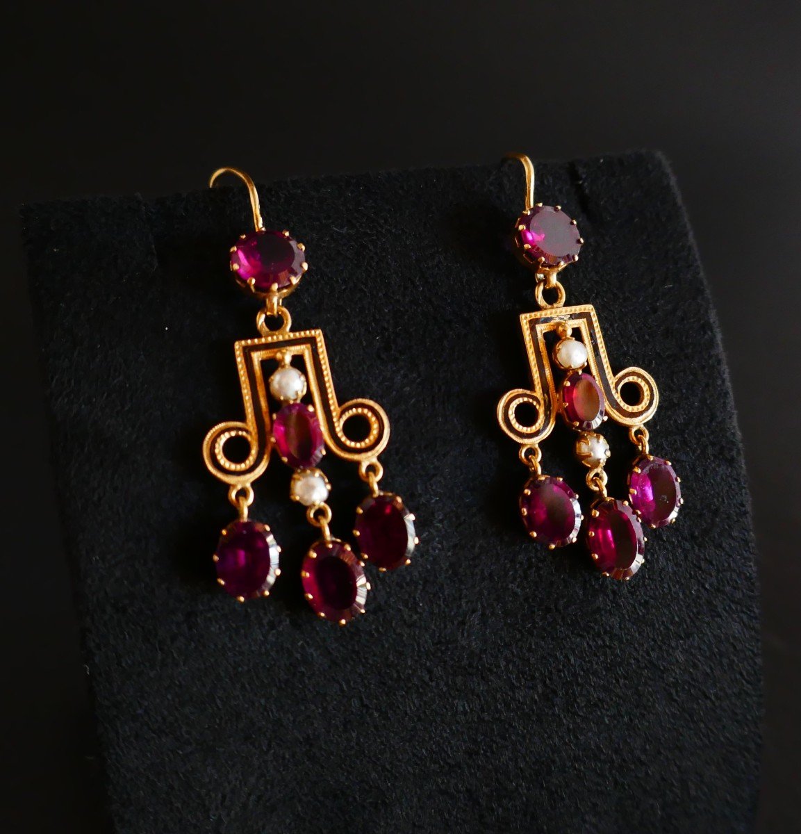 Antique Earrings, Garnets, Pearls And Enamel.-photo-2