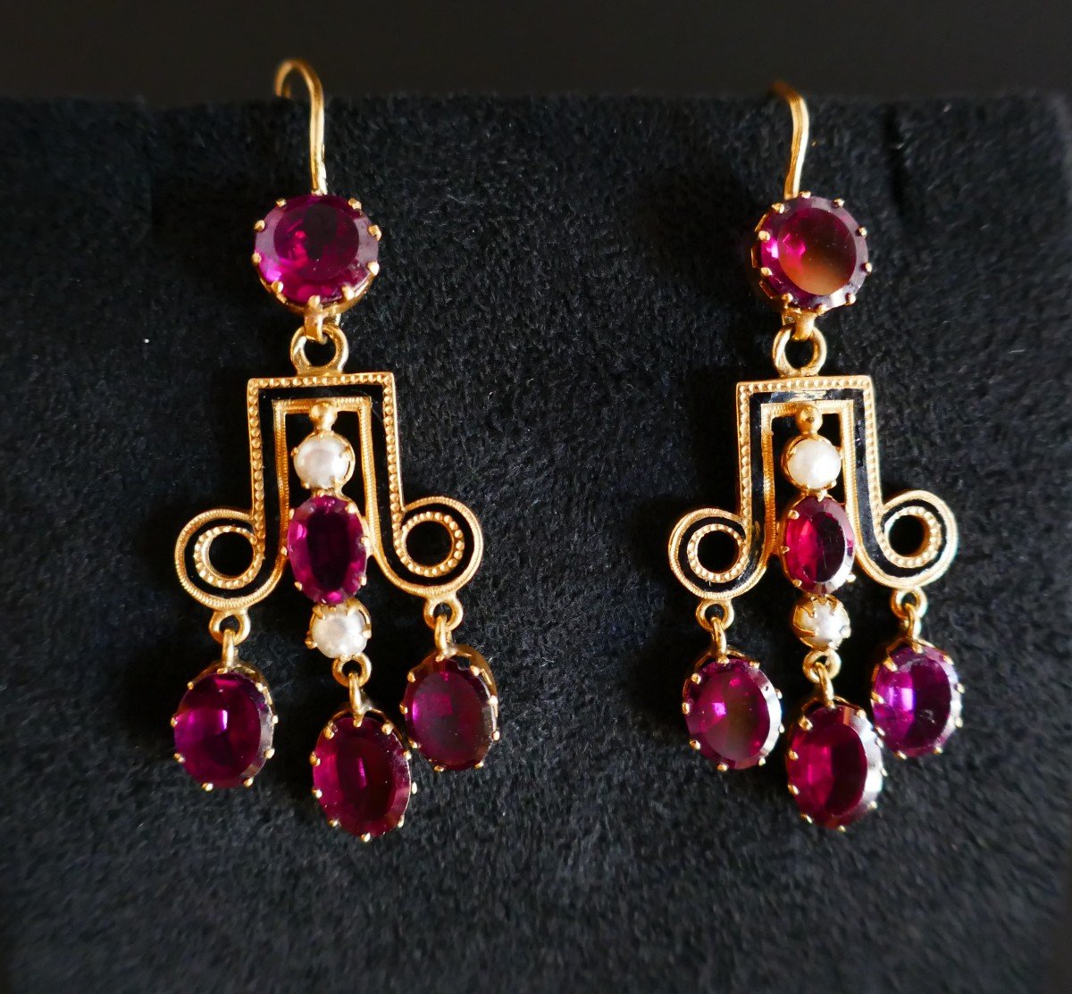 Antique Earrings, Garnets, Pearls And Enamel.