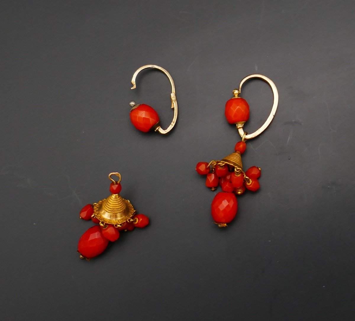 Rare Faceted Coral Earrings, Rooster Head Hallmark, Circa 1809 - 1819-photo-2