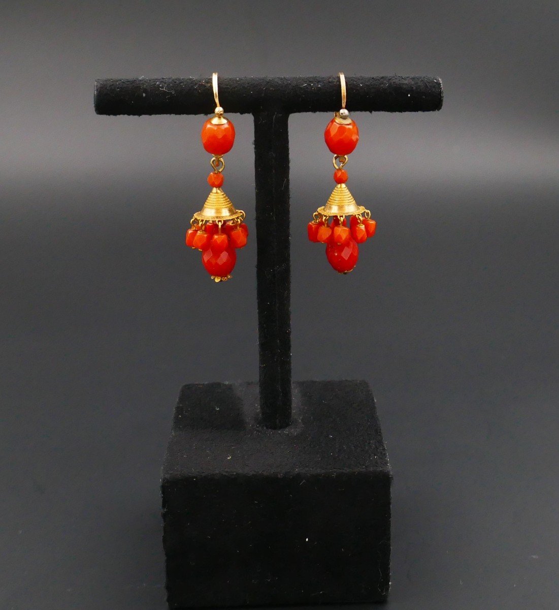 Rare Faceted Coral Earrings, Rooster Head Hallmark, Circa 1809 - 1819-photo-3