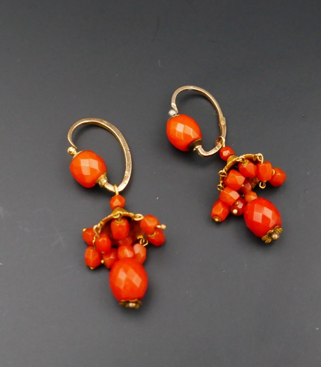 Rare Faceted Coral Earrings, Rooster Head Hallmark, Circa 1809 - 1819-photo-1