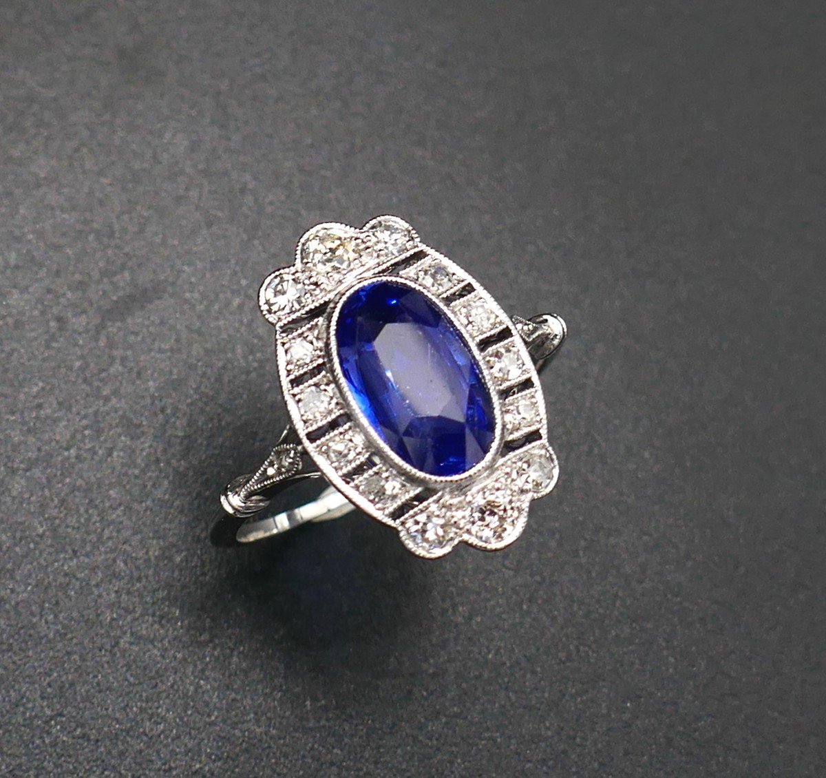 Art Deco Ring Natural Unheated Sapphire And Diamonds, Certificate.-photo-2