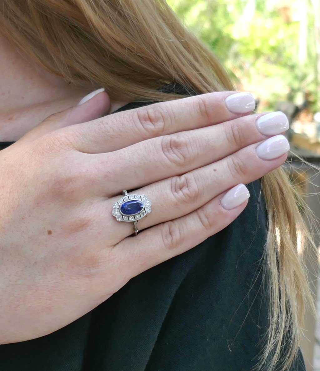 Art Deco Ring Natural Unheated Sapphire And Diamonds, Certificate.-photo-3