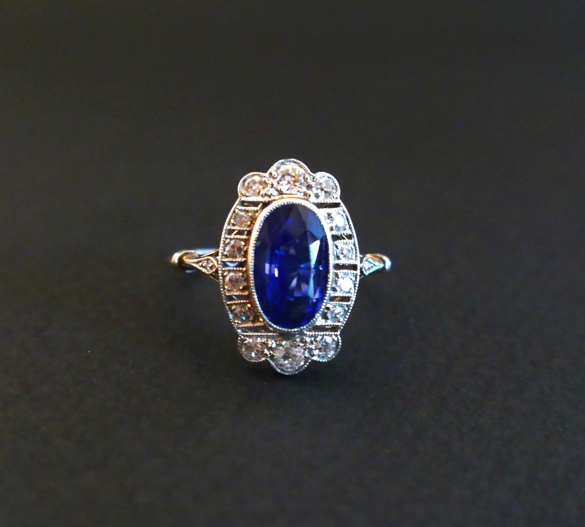 Art Deco Ring Natural Unheated Sapphire And Diamonds, Certificate.-photo-4