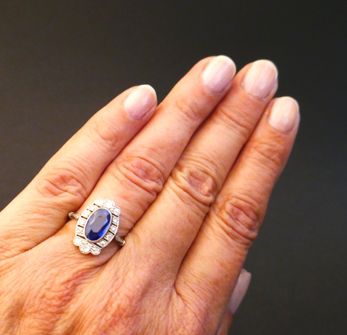 Art Deco Ring Natural Unheated Sapphire And Diamonds, Certificate.-photo-2