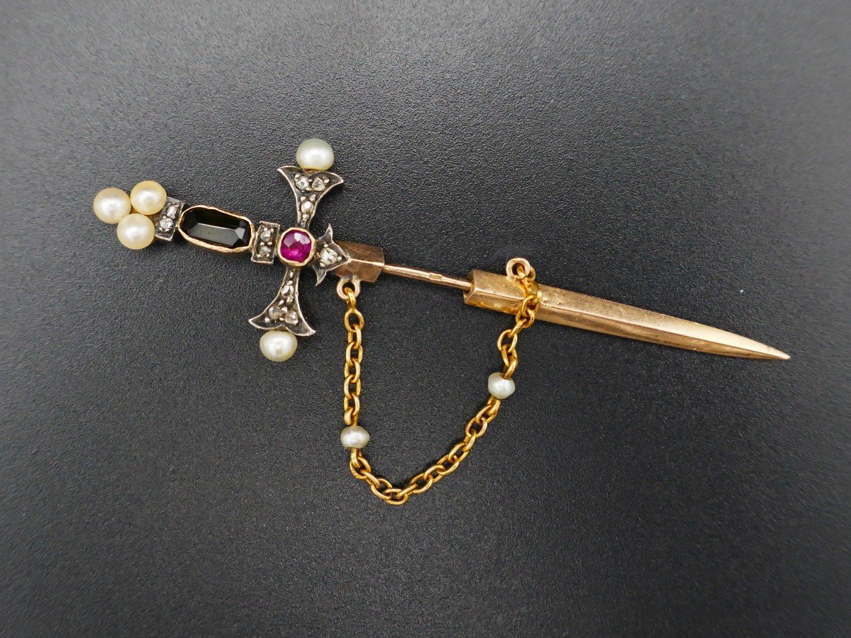 Gold Pearl And Diamond Sword Brooch.-photo-2