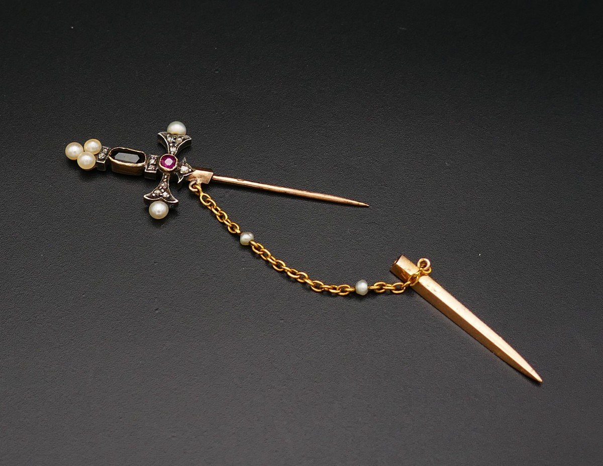 Gold Pearl And Diamond Sword Brooch.-photo-3