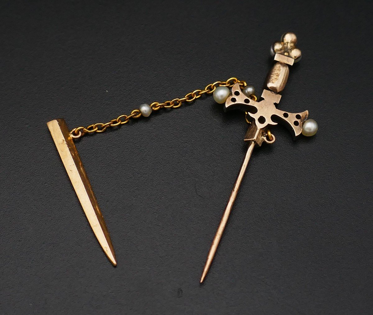 Gold Pearl And Diamond Sword Brooch.-photo-4