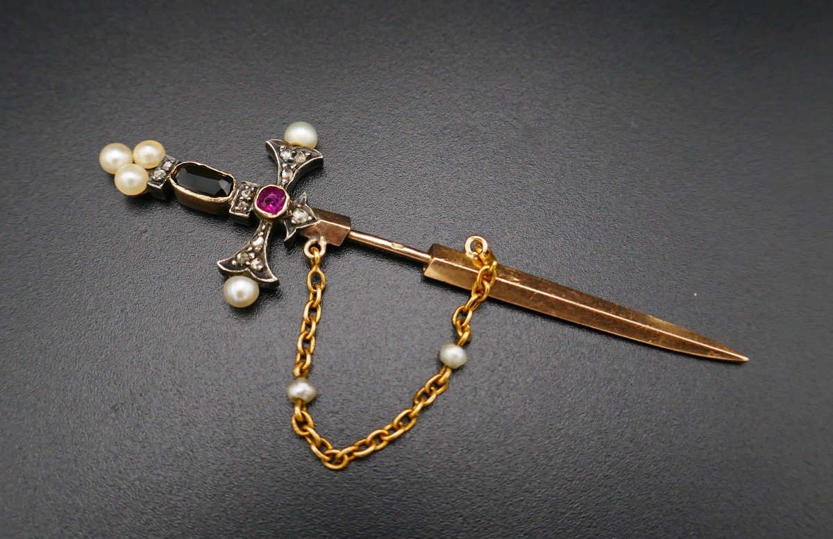 Gold Pearl And Diamond Sword Brooch.