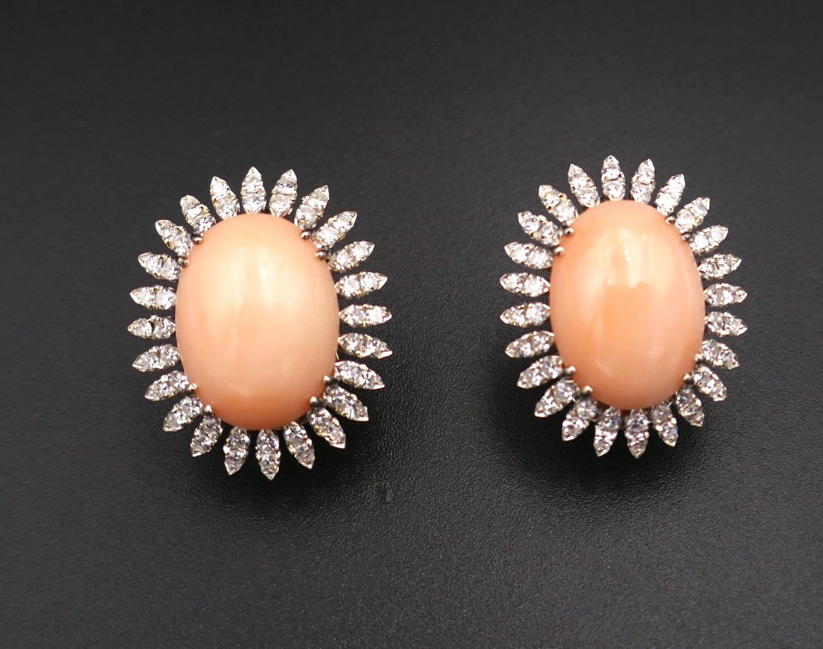 Angel Skin Coral And Diamond Earrings, 18k Gold.