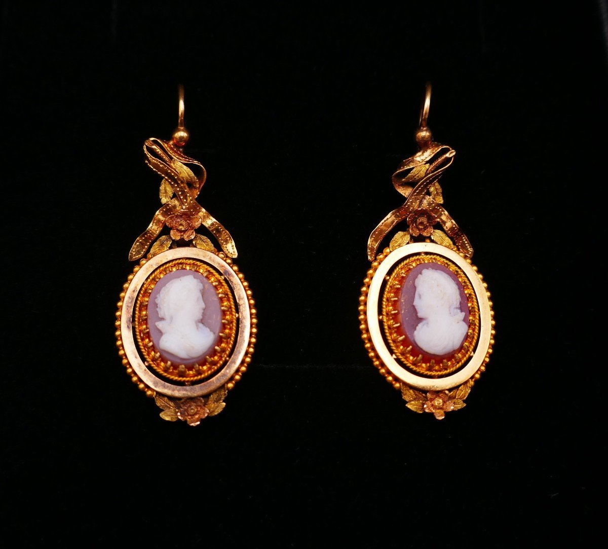 Paire De Pendants d'Oreilles Camées sur agate, fin XIXème. Or 18 Carats-photo-2