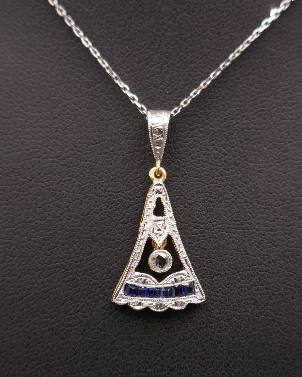 Art Deco Calibrated Diamond And Sapphire Pendant, 18k Gold.-photo-3