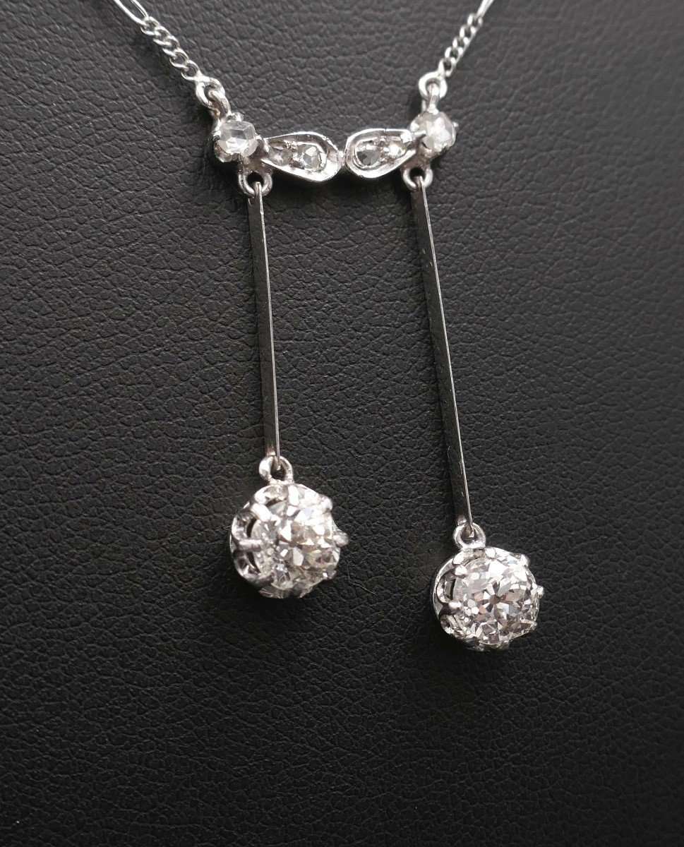 Collier Négligé Diamants Taille Ancienne 1 carat Et Diamants Taille Rose, Or Blanc 18 Carats.-photo-2