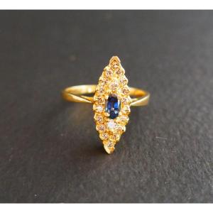 Bague Marquise Saphir Et Diamants, Or Jaune 18 Carats.