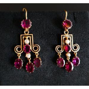 Antique Earrings, Garnets, Pearls And Enamel.